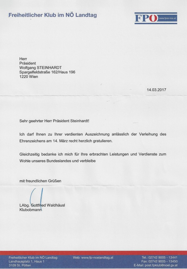 Glückwunsch SEZ NÖ WST von Klubobmann Labg. Gottfried Waldhäusl